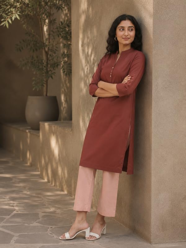 Image of SAADAA Women Airy Linen Long Kurta | Mandarin Collar 3 /4th Sleeve Kurta | Regular Fit Ethnic Wear for Women | Casual, Festive & Office Wear