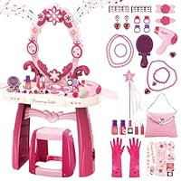 deAO Kids Vanity Table and Chair Set with Mirror and Chair, Toddler Vanity with Light & Music, Pretend Play Makeup & Hair Dryer Toy, Beauty Salon Gift for Girls Ages 3-5