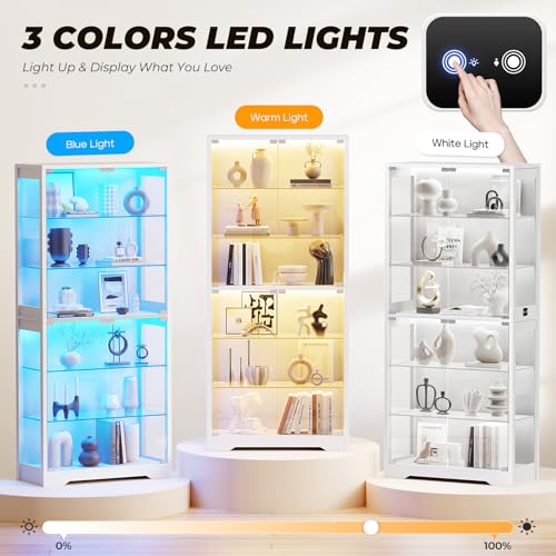 Image of BROTTAR 6-Tier 71 inch Display Cabinet with Glass Door, Curio Cabinet with 3 Color Lights for Collectibles, Display Case with Adjustable Glass Shelves, Human Body Sensor, Storage Cabinets, White