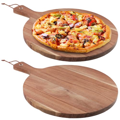 FUNSUEI 2 PCS Acacia Wood Pizza Peel, 12 Inch Round Wooden Chopping Boards, Pizza Board for Kitchen Essentials, 30 x 40 x 1.5cm