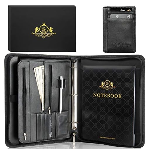 Gold Alpha-Zippered Leather Padfolio/Portfolio 3-Ring Binder with Handle and Business Card Holder - PU Vegan Leather - Notebook - Retractable Handle - Functional Design - Elegant and Professional Int