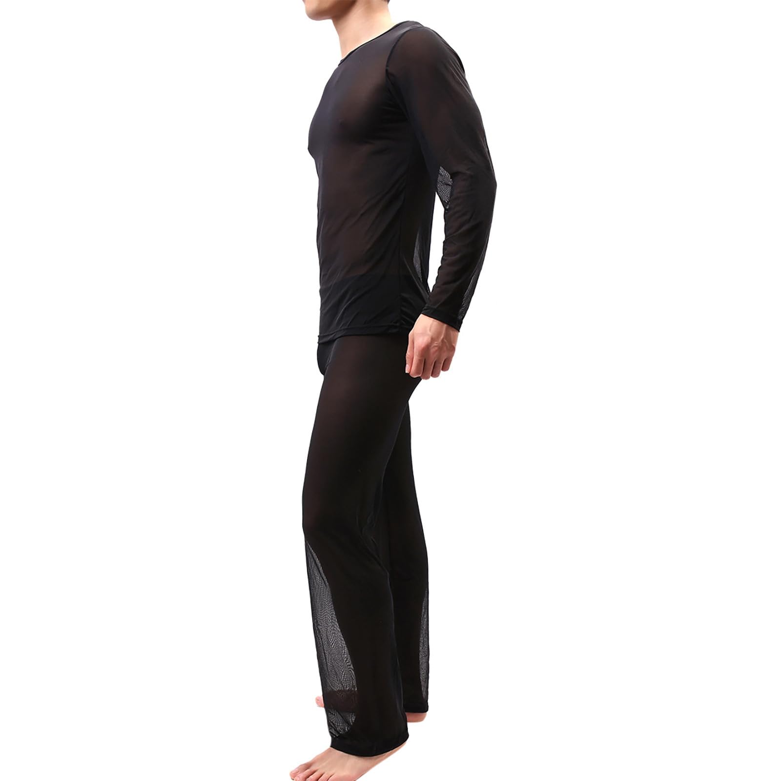 Ensemble pyjama en maille transparente pour homme - Chemise de nuit en maille - Patchwork - Deux pièces - Transparent - Chemise de nuit sexy