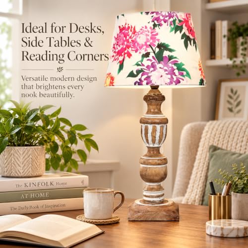 Image of tu casa Wooden Table Lamp | Premium Floral Satin Shade | Solid Wooden Base | Modern Home Decor | Ambient Bedside Lighting | Bedroom, Living Room, Study Table, Office & Festival Gifting