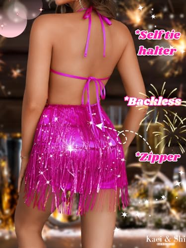 Image of Kaei&Shi Sequin Fringe Romper,Sparkly Glitter Metallic Jumpsuits For Women,Backless Shorts Dress Disco Birthday Dance Outfit