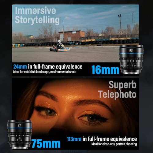 Image of SIRUI Night Walker 16mm & 75mm T1.2 Cine Lens Set, X Mount, Black | 16mm for immersive wide shots and 75mm for portraits, close-ups, and strong subject separation.