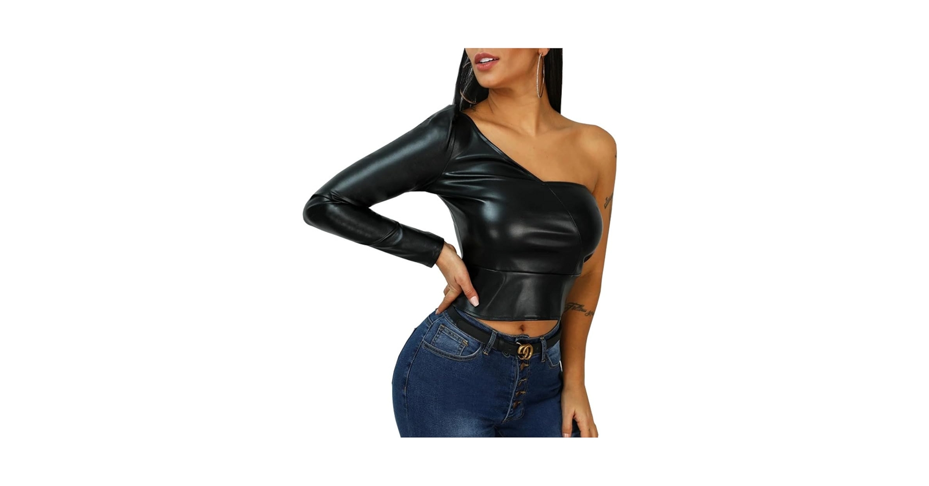 Women's Sexy Faux Leather One Shoulder Long Sleeve T-Shirts