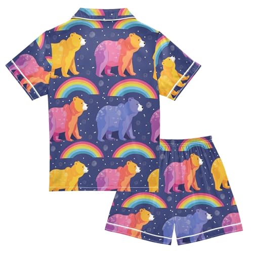 ALAZA Cartoon Bear Rainbow Pajamas Satin Pajama Set Short Sleeve Button Down Sleepwear2
