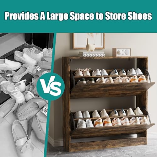 Image of Xixini Shoe Storage Cabinet for Entryway with 2 Flip Drawers, Sturdy Wood Hidden Shoe Storage, Freestanding Narrow Slim Shoe Organizer for Front Door Entrance, Living Room, Hallway, Bedroom, Brown