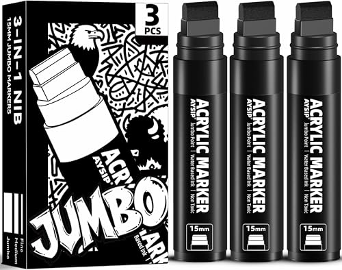 AYSIP 3 Jumbo Permanent Markers Black 15mm Large Wide Tip Thick Acrylic Paint Markers for Painting Rock Window Glass Wood Fabric
