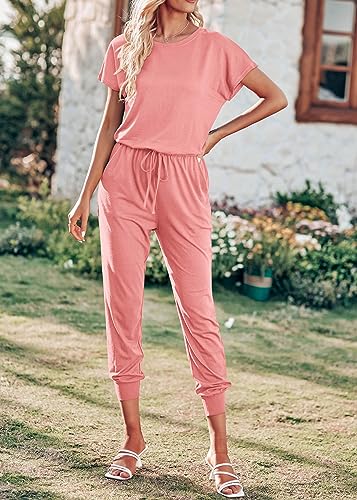 KIRUNDO Jumpsuits for Women Summer 2026 Casual Short Sleeve One Piece Outfits Drawstring Waist Long Pants Romper Jumpers(Light Pink, Small) — view 3