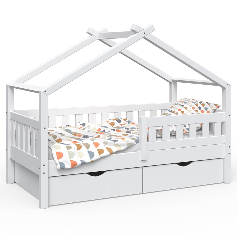 VitaliSpa Hausbett Design, Weiß, 80x160 cm | mit 2 Schubladen, geeignet als Spiel- und Schlafbereich für Kinder