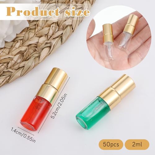 50Pcs 2ml Atomizer Glass Spray Bottle Empty Perfume Bottles Clear Atomizer Sprayer for Perfume Sample Bottles Empty Tiny Spray Bottle Refillable for Travel Fine Mist (Gold Cap)2
