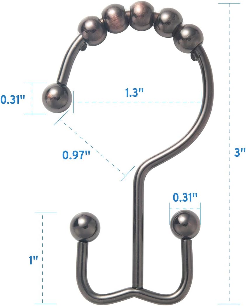 Amazer Shower Curtain Rings, Rust-Resistant Metal Double Shower Hooks for Curtain Rolling Shower Curtain Hooks Rings Shower Rings for Bathroom Shower Curtain Rod, Bronze, Set of 12 Rings