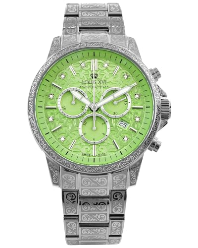 LOUIS XVI Palais Royale 2.0 1826 - Ø 43 mm - Herren Uhr - Wasserdicht - Armband Silber - Zifferblatt Mojito Green mit Diamanten - Schweizer Quarzwerk