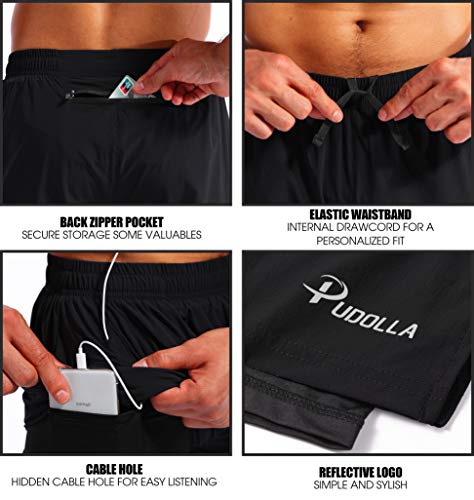 Image of Pudolla Men's 2 in 1 Running Shorts 5 inch Quick Dry Gym Athletic Workout Shorts for Men with Phone Pockets