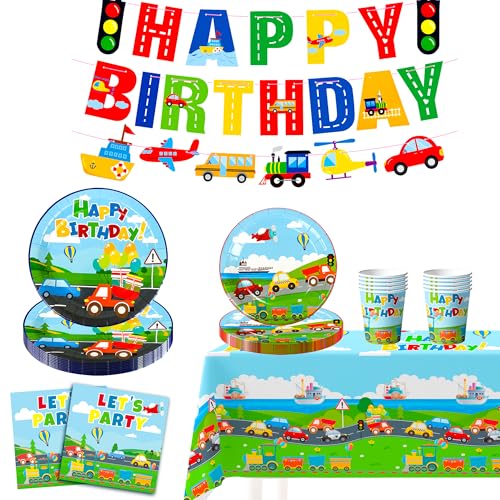 Decoração de aniversário de transporte, 190 peças transporte aniversários decorações conjunto de louça - Banner de aniversário de transporte pratos toalha de mesa etc fornecimento de festa de