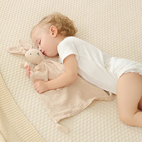Image of insular Bunny Lovey Blanket for Boys and Girls, Organic Cotton Muslin Security Blanket for Babies, Soft Breathable Lovie Soothing Towel for Newborn and Infant, 2 Pcs Set (Khaki&Pink)