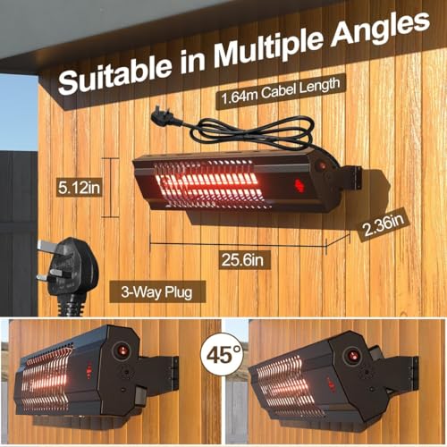 Infrarot Heizstrahler Terrasse 2000W, Elektrischer Wandheizer IP34 Wasserdicht, Decken-Heizstrahler Outdoor mit Fernbedienung, Terrassenstrahler für Garten, Pavillon, Balkon