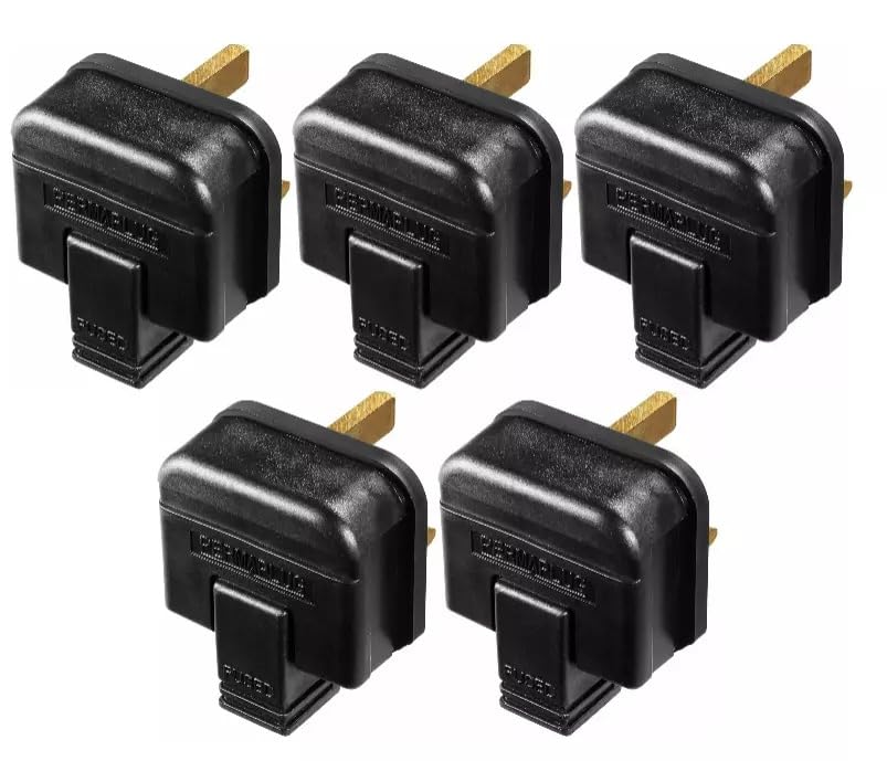 Heavy Duty Rubber Plugs 3-Pin 13A [Black], Rewireble Permaplug, Manufactured to BS1363-2, Pack of 5
