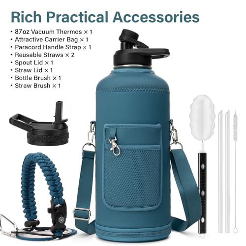 Insulated Water Bottle | Thickened Stainless Steel for Gym and Hiking with Straw, Carrier Bag, Handle Strap | BPA-Free 87 oz