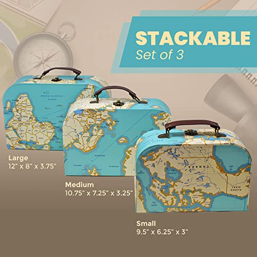 Blue Orchards World Map Luggage Chest Paperboard Boxes (Set Of 3) - Decorative Storage Boxes - Stackable Storage Chests For Jewelry - Chest Box For Keepsake - Bedroom Display Or Party Decor #TOP6