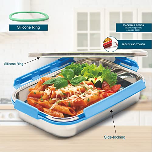 Image of SIGNORA WARE 1000ml King Compact Lunch Boxes for Men Women Kids with Steel Lid with Clip Lock /Air Tight Spill Proof /Food Grade Bpa Free Container for Office School (Rectangle | Blue | 1 litre)