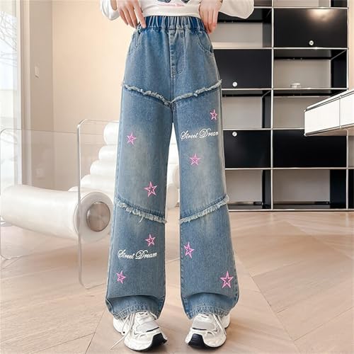 Jeans for Girls Baggy Wide Leg Flower Embroidered Elastic Waisted Denim Pants Y2K Skater Streetwear 3-14 Years2