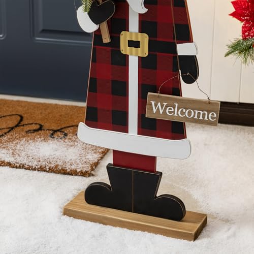 Image of Glitzhome 36''H Lighted Wooden Africa Santa Porch Decor with Timer & LED Lights, Christmas Standing Santa Porch Sign Decor with Xmas Tree and Welcome Plaques for Front Door Outdoor Decor