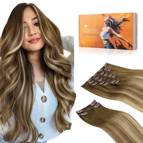 DOORES Hair Extensions Clip in Human Hair, Medium Brown Highlighted Dirty Blonde 16 Inch 150g 9pcs, Remy Human Hair Extensions Real Human Hair Straight Thick Extensions