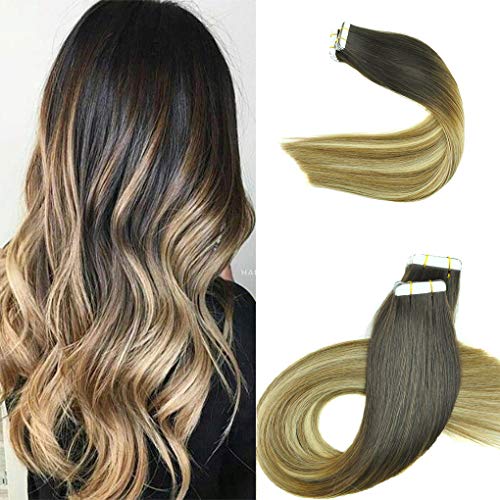 KOCONITape In Hair Extensions Human Hair Blonde Tape in Extensions Ombre Brown to Blonde Remy Tape in Hair Extensions Tape in Hair Extensions Ombre 20PCS 50g/Pack (18", (T2-6) P(2-24))