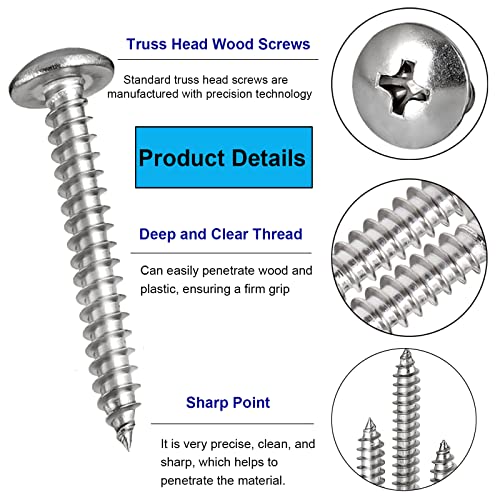 FandWay 100Pcs Self Tapping Screws 304 Stainless Steel,M5 Wood Screws Kit,Truss Head Self Drilling Screw,Round Head Sheet Metal Screw Phillips Drive for DIY WoodWork Repairs - Image 4