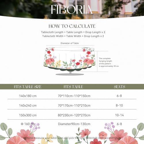FIBORIA Frühling Tischdecke Rund 140 cm Leinenoptik Tischdecken mit Blumen Abwaschbar & Wasserabweisende Tischwäsche Abwischbare Tischtuch Outdoor Table Cloth für Ostern,Garten,Hochzeiten,Geburtstag