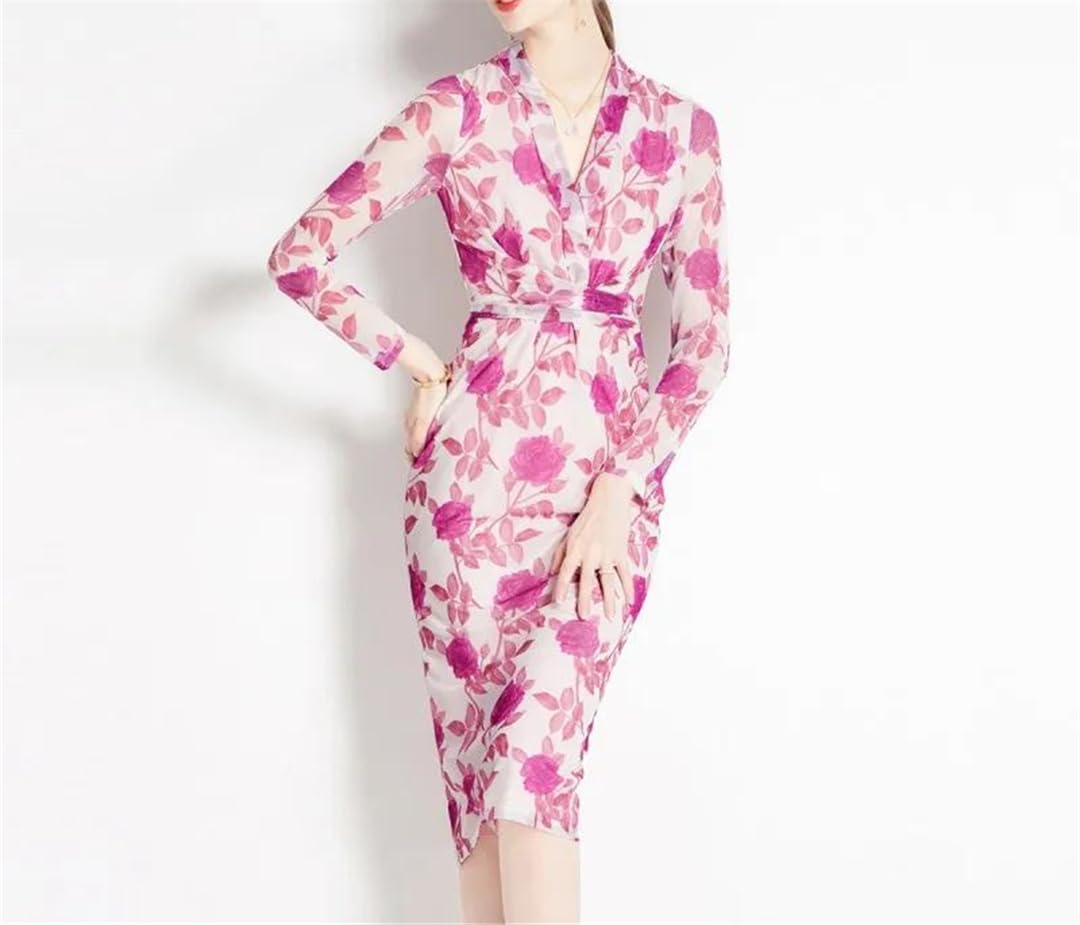 Vestido de mujer con estampado floral para oficina, retro, cintura alta, con cordones, cuello en V, manga larga, vestido midi, Negro, S