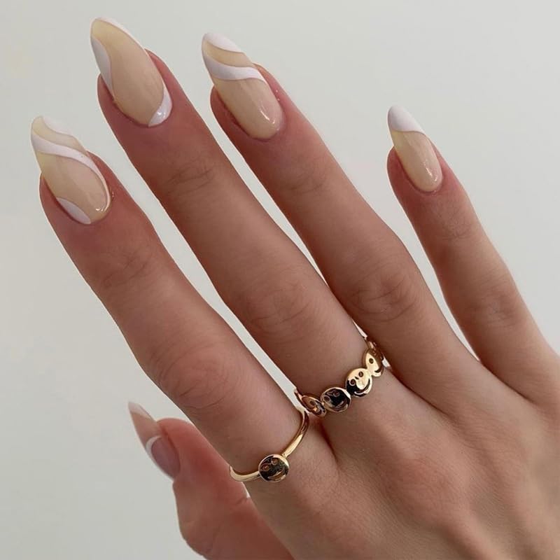 Secret Lives Glossy Reusable Artifical Fake False Luxury Press on Nails Skin Color with White Curve Color Design for Women 24 Pieces Set with Kit
