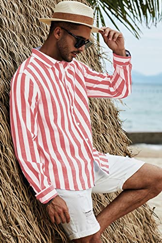 JMIERR Men's Old Money Aesthetic Cotton Linen Shirts Casual Stylish Long Sleeve Button-Up Vertical Striped Dress Shirts Summer Beach Shirt for Men,US 46(XL),Red and White Stripe - Image 6