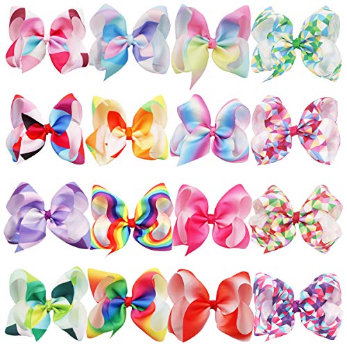 DeD 16Pcs 6 inch Baby Girl Hair Bows Clips Rainbow Boutique Grosgrain Ribbon Alligator Bow Hair Accessories For Teens Child Kids