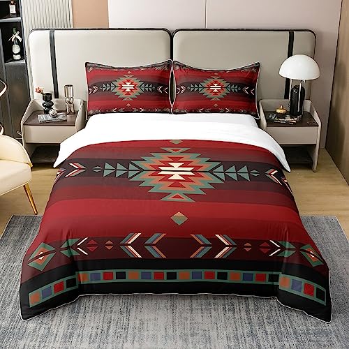 Homemissing 220x240cm 100% Coton Southwest Design Natif Housse De Couette Southwest Géométrique Parure De Lit Ultra Soft Tribal Literie Set Rouge Vert...