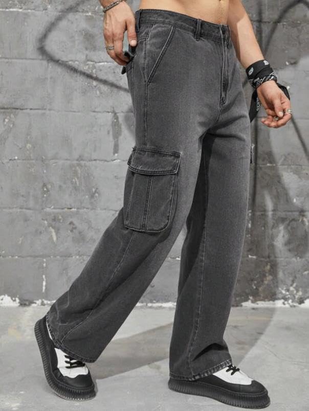 Image of KOTTY Men's Loose Fit Cargo Denim Jeans - Vintage Washed Utility Jeans with Side Pockets