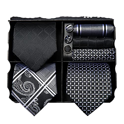Hi-Tie Men's Burgundy Navy Paisley Floral Solid Silk Necktie Handkerchief Cufflinks (Black Gray)-Set of 5