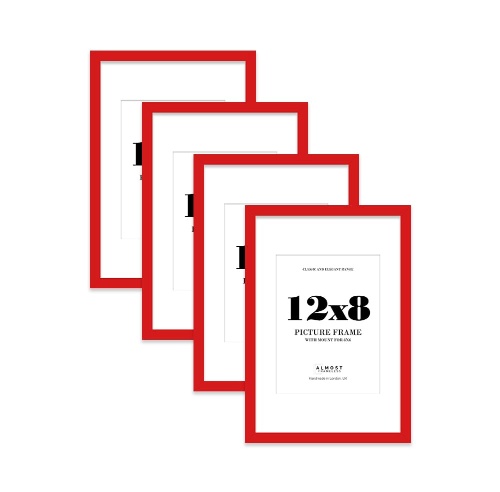 Red Picture Frame 12x8 With 8x6 Mount for Photos - Wall & Table Display, Landscape or Portrait, 4 Pack
