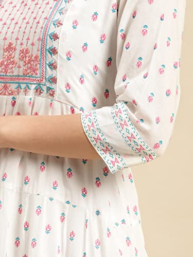 Image of rangita Off White Cotton Calf Length Embroidered Anarkali Kurti for Women | Kurta for Women