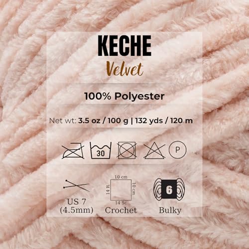 Image of Keche Velvet Yarn for Crocheting, Soft Chenille Bulky Baby Blanket Amigurumi Yarn 2x100 gr (2x132 yds) (2 Skeins) Light Powder
