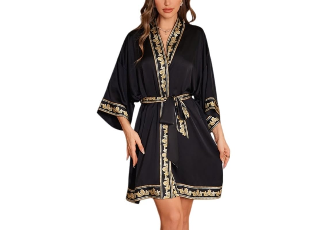Peignoir Kimono en Satin pour Femme Robe de Chambre Luxueuse en Soie Douce et Légère Imprimé Doré Vintage Dégradé Idéale pour Les Mariées et Les Fêtes de Mariage Avec Col en V