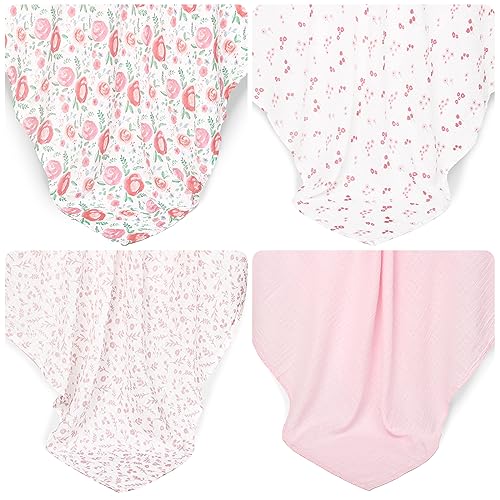 Image of david's kids 4 Pack Baby Muslin Swaddle Blankets, 100% Cotton and Ultra Soft Breathable Receiving Blanket Wrap for Girls, New Born Essentials, Large 47 x 47 inches, Floral Flowers /Pink