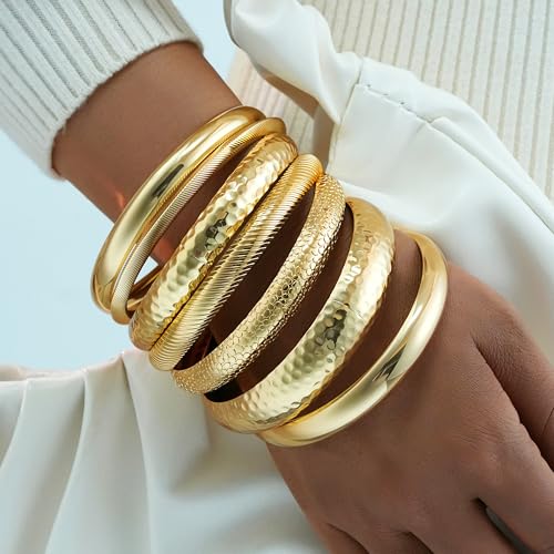YEEZII Gold Bangle Bracelets for Women, 7Pcs 14K Gold Plated Boho Indian Multi Stackable Textured Bracelets, Chunky Bangles Set for Women Jewelry Gifts2