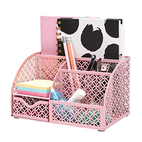 ANNOVA Mesh Desk Organizer Office with 7 Compartments + Drawer/Desk Tidy Candy/Pen Holder/Multifunctional Organizer (Light Pink)