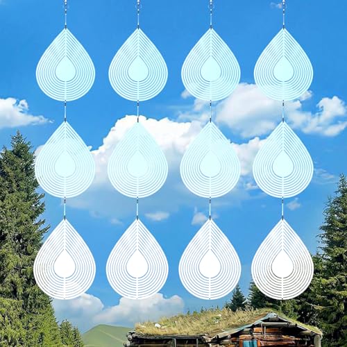 3D Stainless Steel Wind Spinners, Water Drop Pendant Bird Scare Discs with Metal Shiny Highly Reflective Double Sided 360°Rotating, Deterrents to Keep Scare Birds Away from Garden Patio Porches Yard