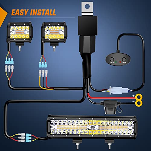 Image of Nilight 12Inch 300W LED Light Bar 2PCS 4Inch 60W Light Pods Amber White Strobe 6 Modes Memory Function Reset Function Off Road Truck with 16AWG Wiring Harness Kit-3 Leads, 2 Years Warranty
