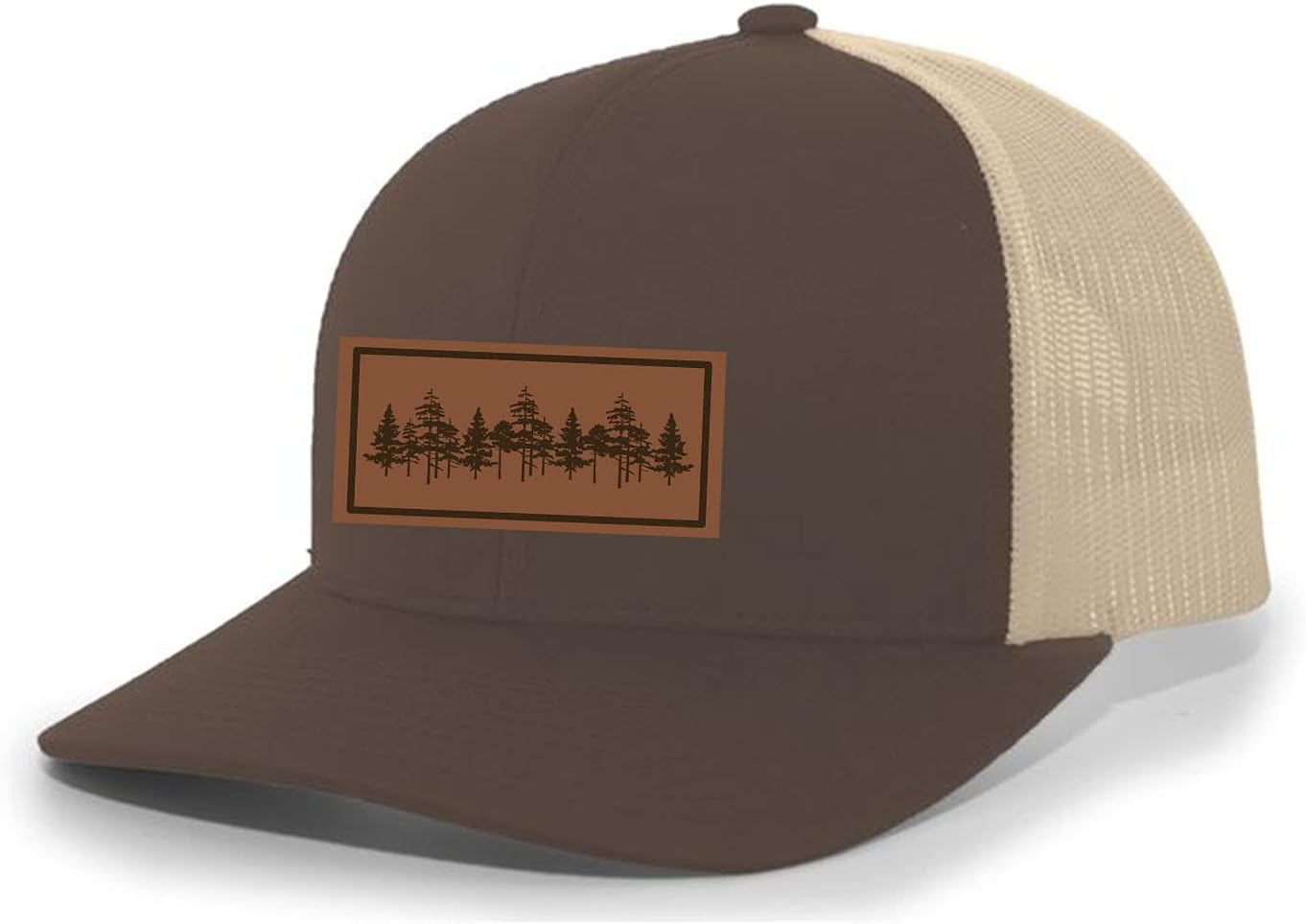 Trenz Shirt Company Tamarack Trees Forest Pine Woods Men's Laser Engraved Leather Patch Mesh Back Trucker Hat