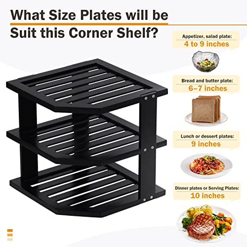 Apicizon Kitchen Corner Shelf, Plate Organizer For Cabinet, Bambo Corner Cabinet Shelf 3 Tier Kitchen Pantry Wall Mount Kitchen Storage Shelves Organizer, Black #TOP4